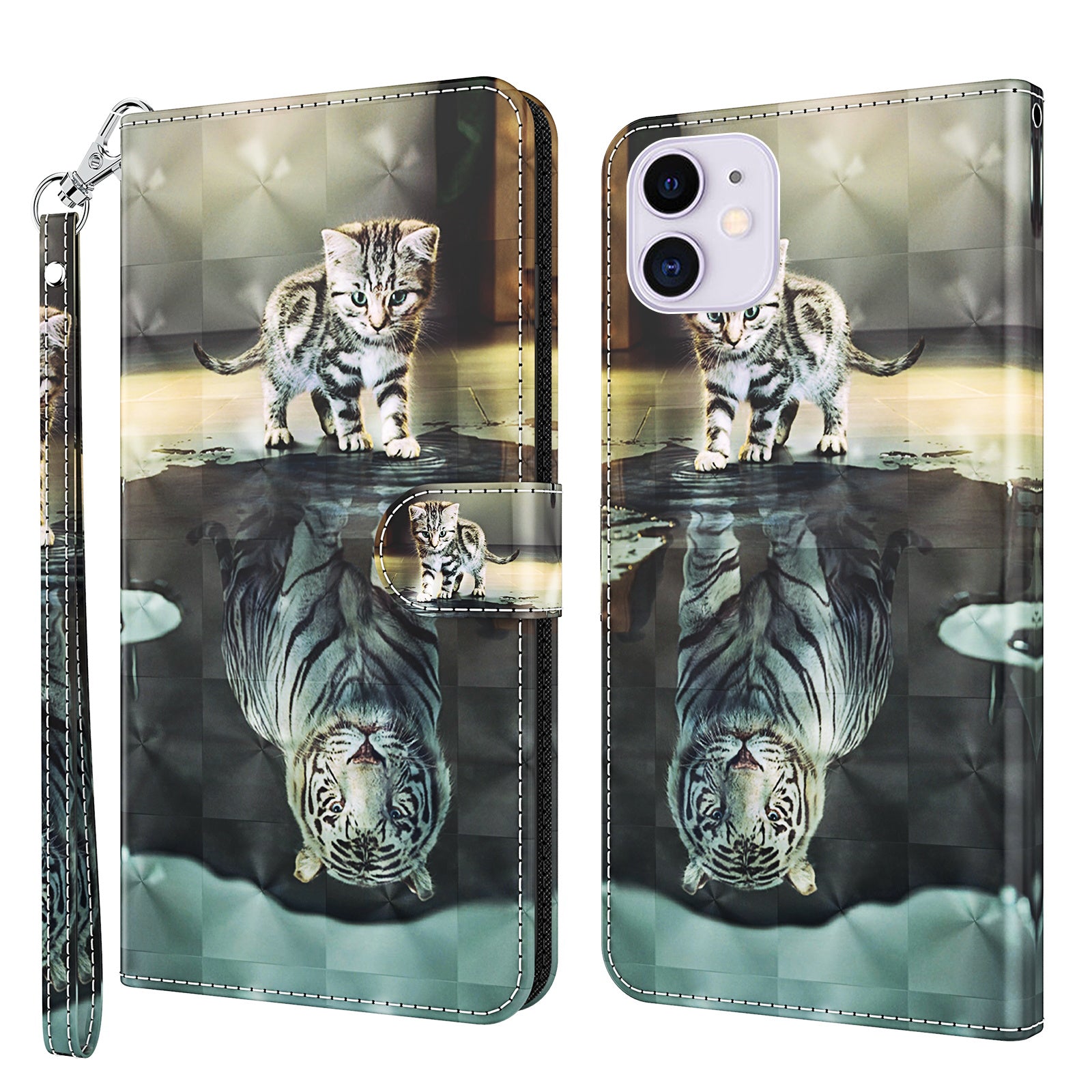 3D Style Pattern Printing Premium PU Leather Wallet Flip Flip Magnetic Stand Cover with Strap for iPhone 13 Pro 6.1 inch