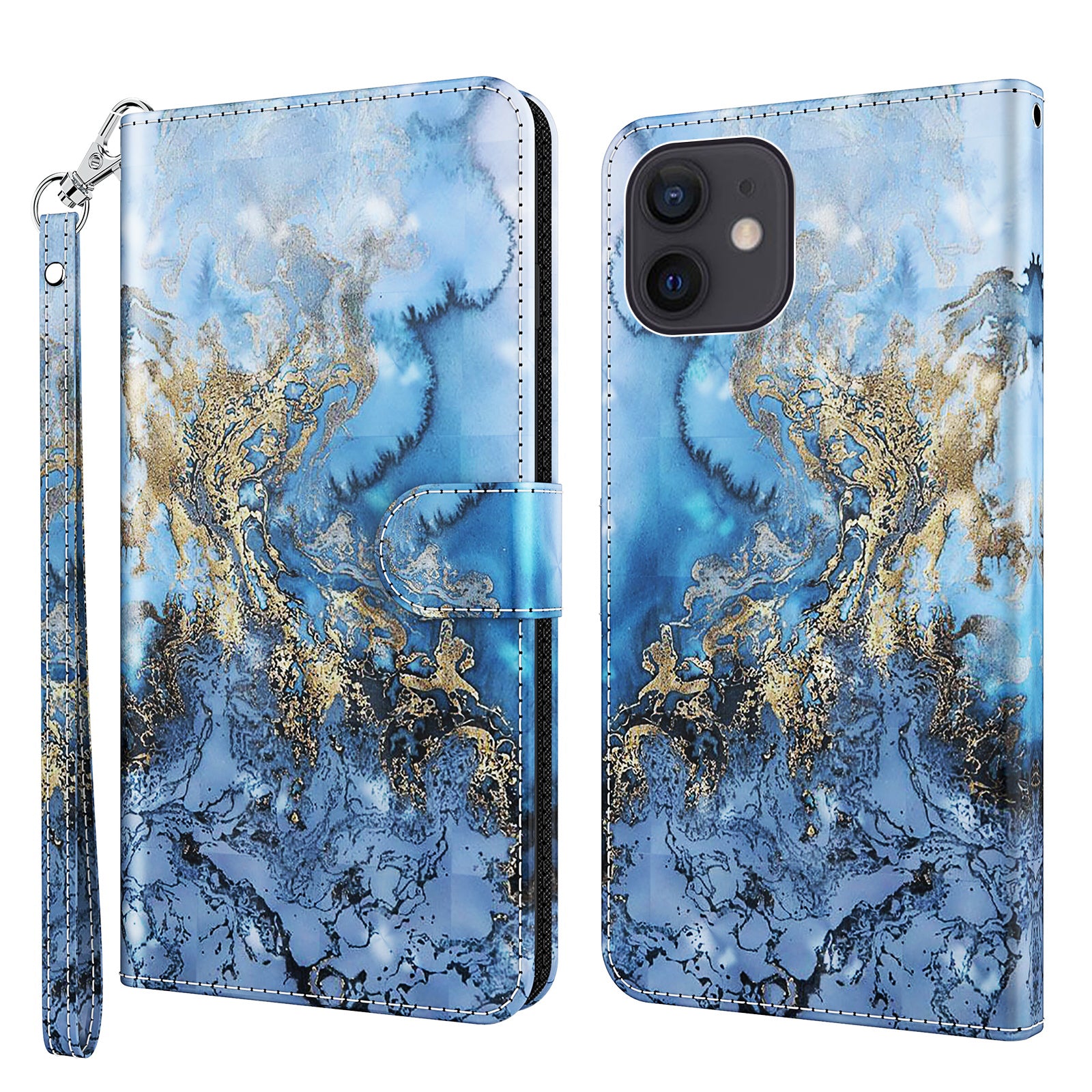 3D Style Pattern Printing Premium PU Leather Wallet Flip Flip Magnetic Stand Cover with Strap for iPhone 13 Pro 6.1 inch