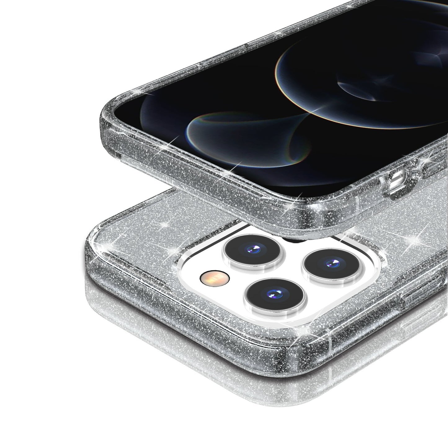 For iPhone 13 Pro 6.1 inch Clear Bling Sparkly Powder Glitter Shiny Soft TPU + Hard PC Back Cover