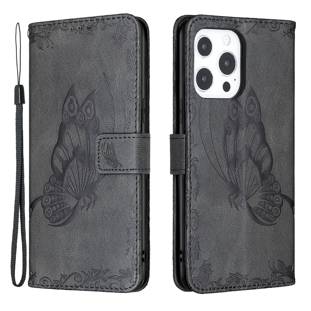 Imprint Butterfly Flower PU Leather Wallet Folio Flip Stand Protective Case with Magnetic Wrist Strap for iPhone 13 Pro 6.1 inch
