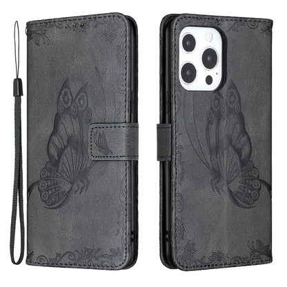 Imprint Butterfly Flower PU Leather Wallet Folio Flip Stand Protective Case with Magnetic Wrist Strap for iPhone 13 Pro 6.1 inch