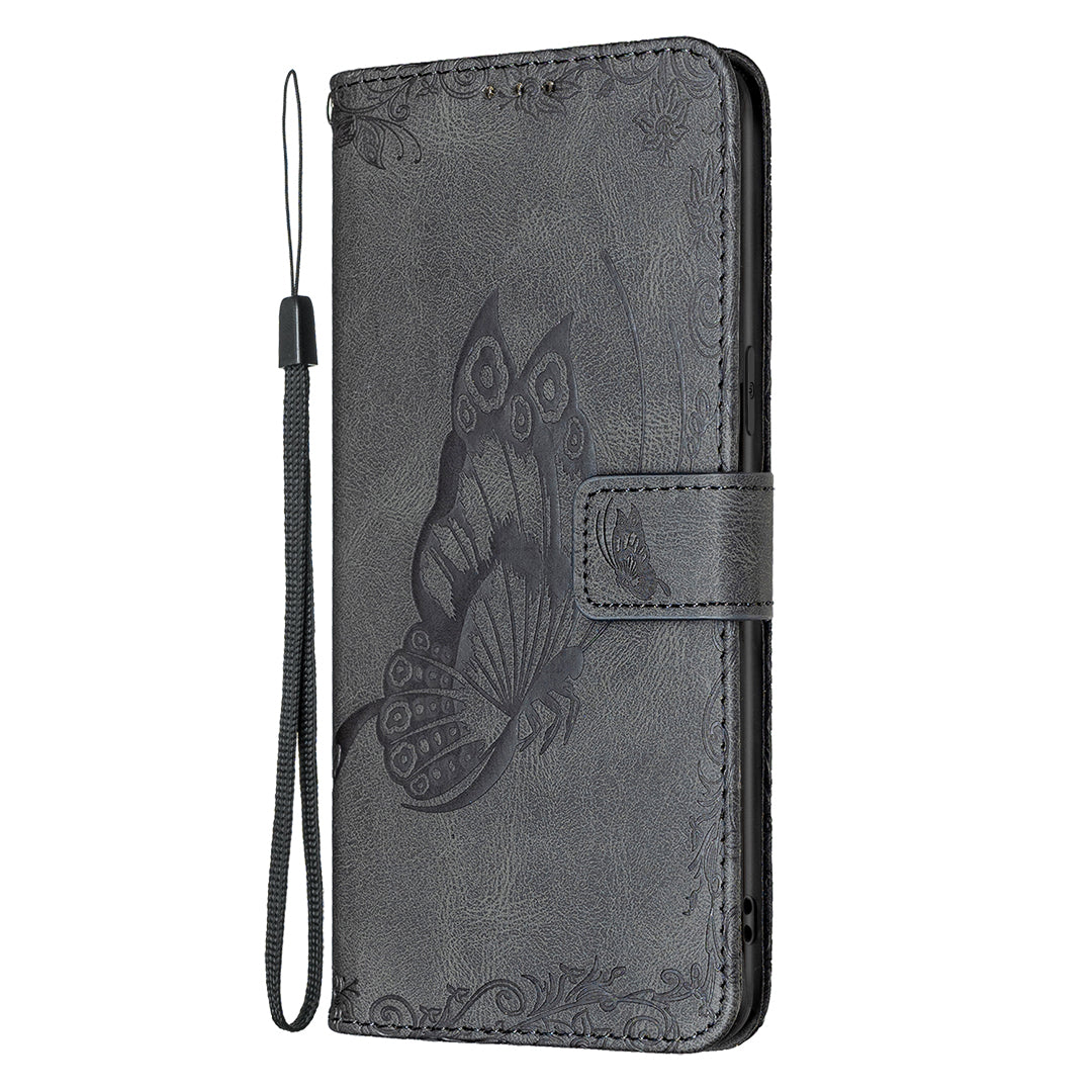 Imprint Butterfly Flower PU Leather Wallet Folio Flip Stand Protective Case with Magnetic Wrist Strap for iPhone 13 Pro 6.1 inch