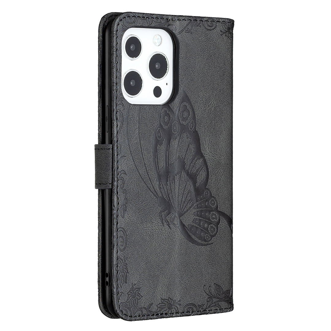 Imprint Butterfly Flower PU Leather Wallet Folio Flip Stand Protective Case with Magnetic Wrist Strap for iPhone 13 Pro 6.1 inch