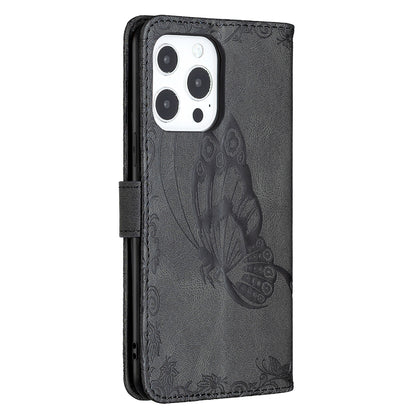 Imprint Butterfly Flower PU Leather Wallet Folio Flip Stand Protective Case with Magnetic Wrist Strap for iPhone 13 Pro 6.1 inch