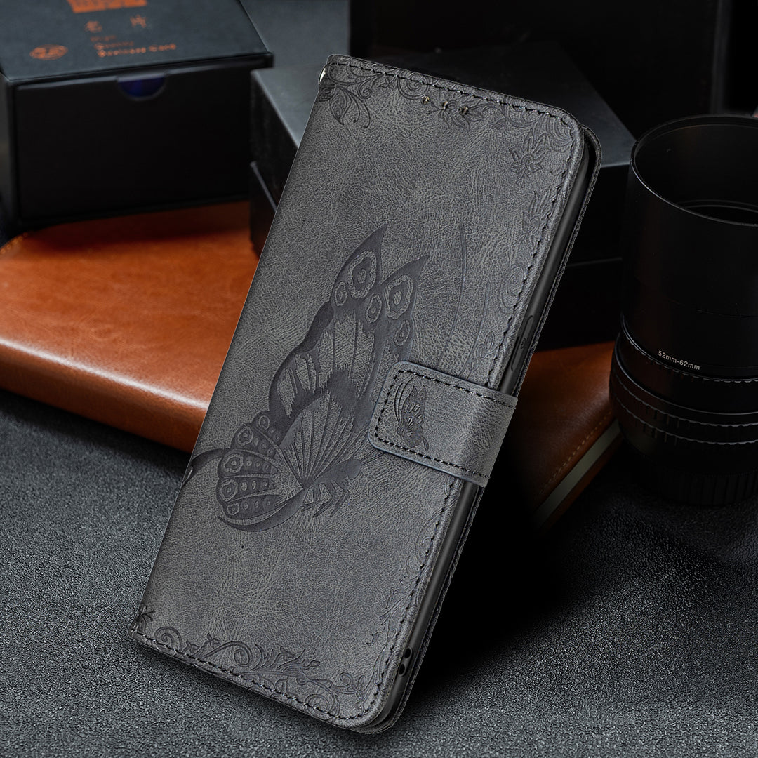 Imprint Butterfly Flower PU Leather Wallet Folio Flip Stand Protective Case with Magnetic Wrist Strap for iPhone 13 Pro 6.1 inch