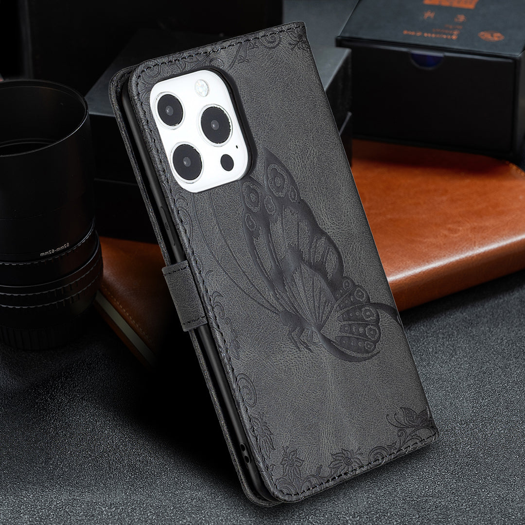Imprint Butterfly Flower PU Leather Wallet Folio Flip Stand Protective Case with Magnetic Wrist Strap for iPhone 13 Pro 6.1 inch