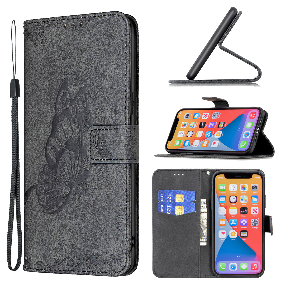 Imprint Butterfly Flower PU Leather Wallet Folio Flip Stand Protective Case with Magnetic Wrist Strap for iPhone 13 Pro 6.1 inch