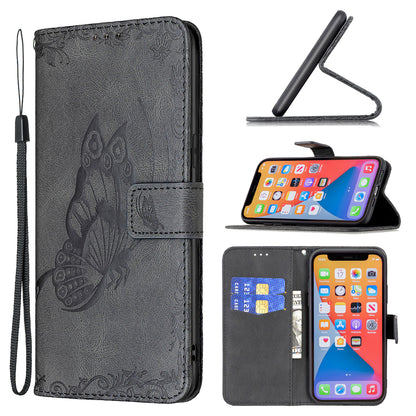 Imprint Butterfly Flower PU Leather Wallet Folio Flip Stand Protective Case with Magnetic Wrist Strap for iPhone 13 Pro 6.1 inch