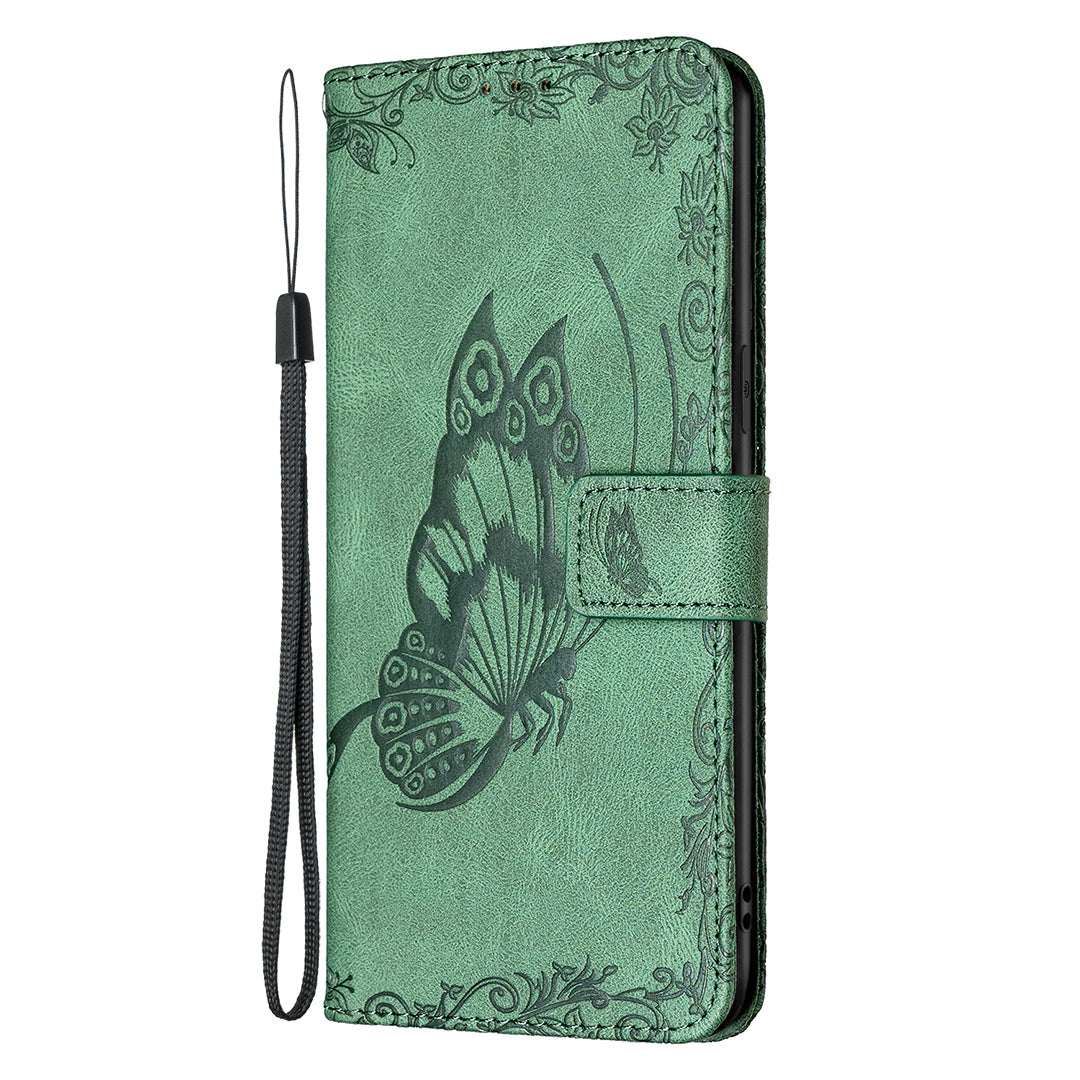 Imprint Butterfly Flower PU Leather Wallet Folio Flip Stand Protective Case with Magnetic Wrist Strap for iPhone 13 Pro 6.1 inch