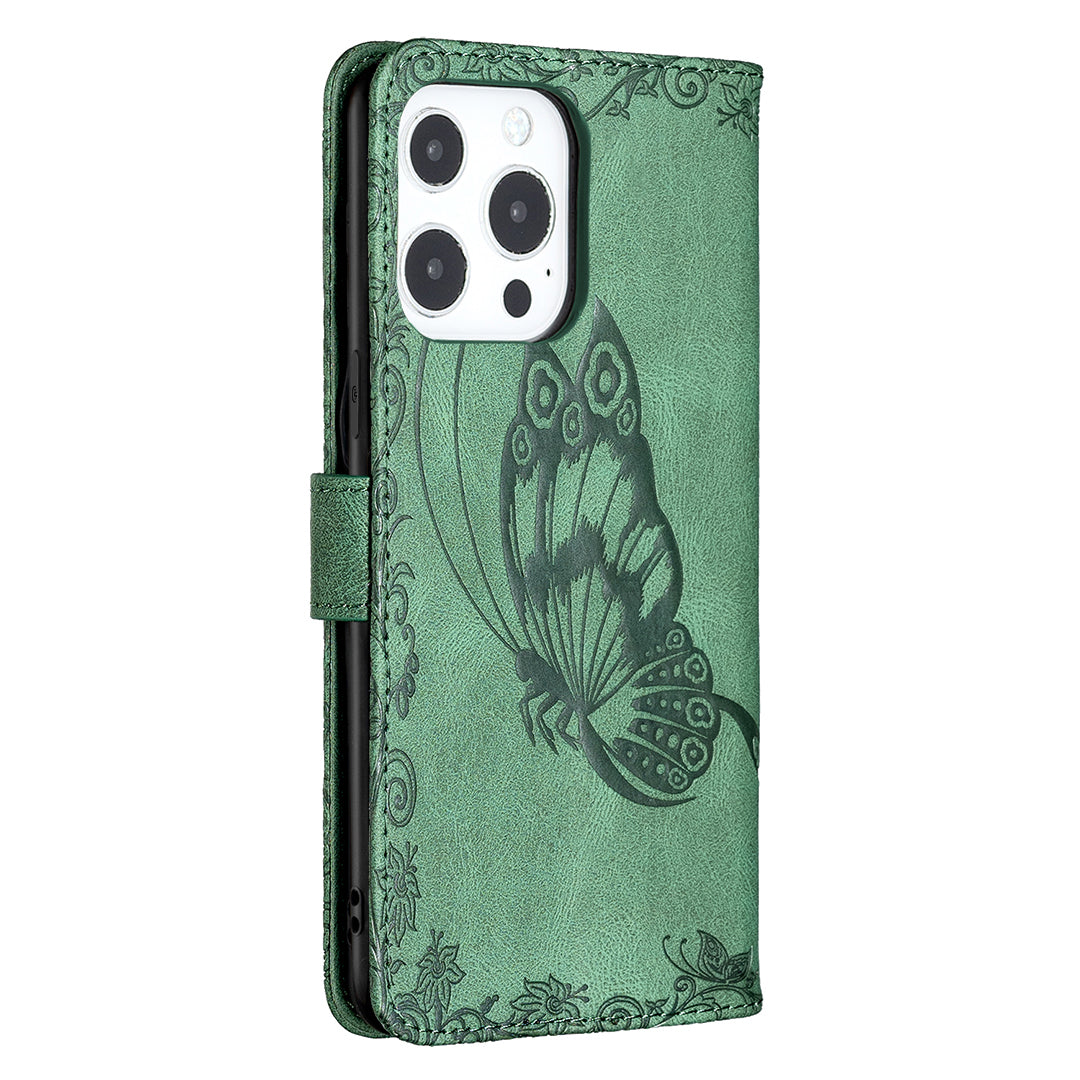 Imprint Butterfly Flower PU Leather Wallet Folio Flip Stand Protective Case with Magnetic Wrist Strap for iPhone 13 Pro 6.1 inch