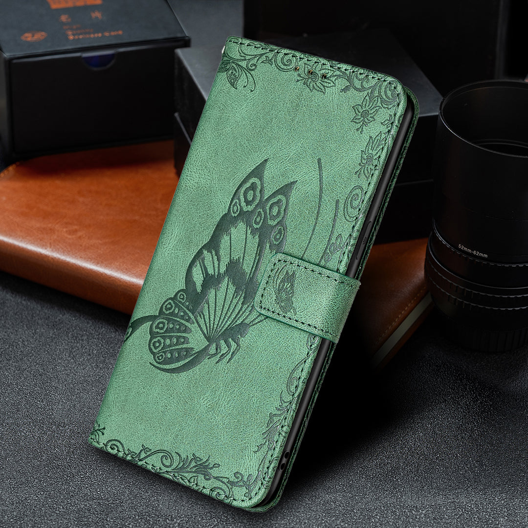 Imprint Butterfly Flower PU Leather Wallet Folio Flip Stand Protective Case with Magnetic Wrist Strap for iPhone 13 Pro 6.1 inch