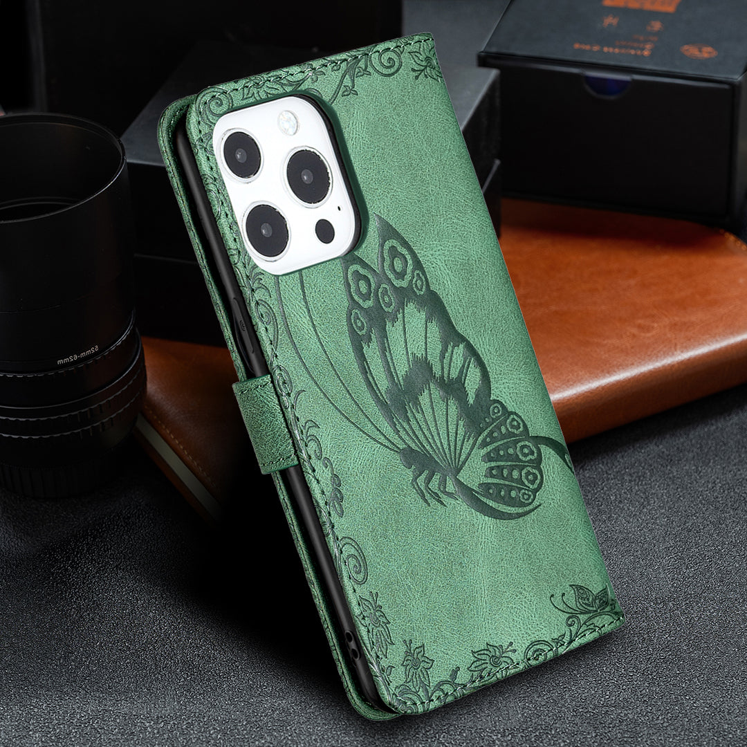 Imprint Butterfly Flower PU Leather Wallet Folio Flip Stand Protective Case with Magnetic Wrist Strap for iPhone 13 Pro 6.1 inch