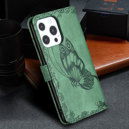 Imprint Butterfly Flower PU Leather Wallet Folio Flip Stand Protective Case with Magnetic Wrist Strap for iPhone 13 Pro 6.1 inch