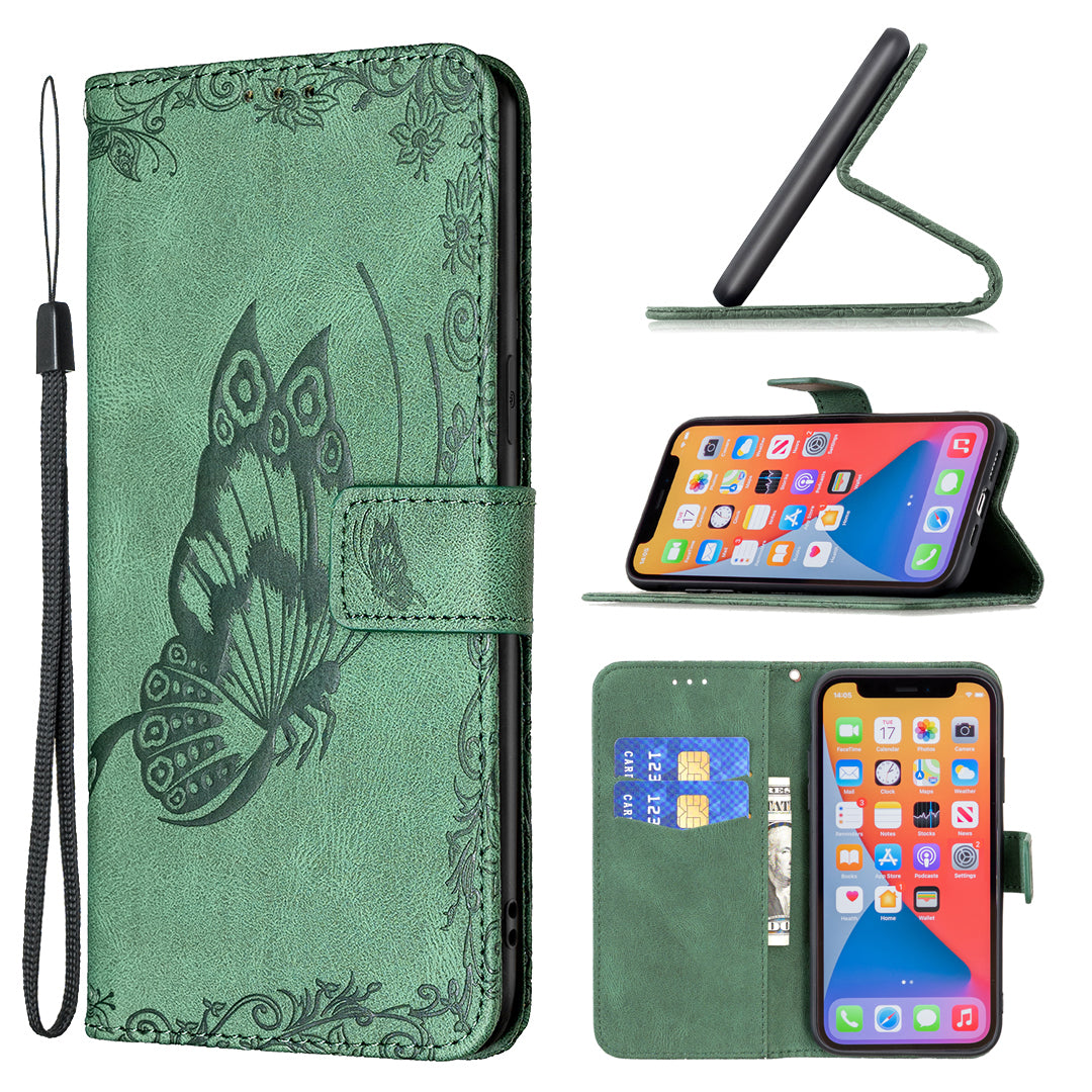Imprint Butterfly Flower PU Leather Wallet Folio Flip Stand Protective Case with Magnetic Wrist Strap for iPhone 13 Pro 6.1 inch