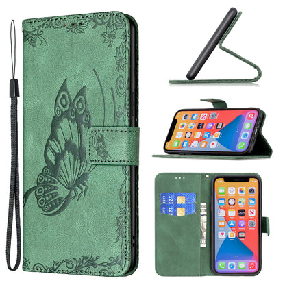 Imprint Butterfly Flower PU Leather Wallet Folio Flip Stand Protective Case with Magnetic Wrist Strap for iPhone 13 Pro 6.1 inch