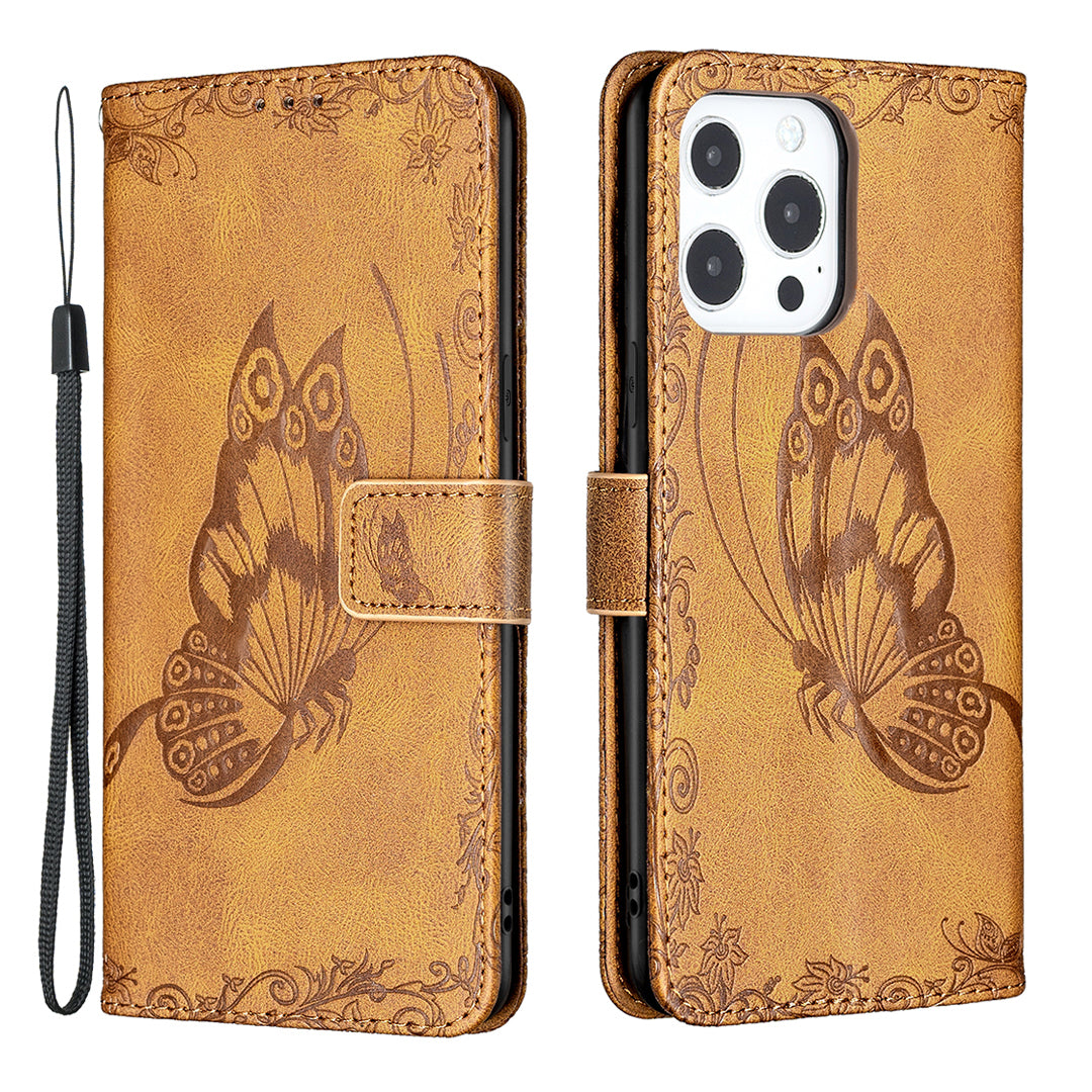 Imprint Butterfly Flower PU Leather Wallet Folio Flip Stand Protective Case with Magnetic Wrist Strap for iPhone 13 Pro 6.1 inch