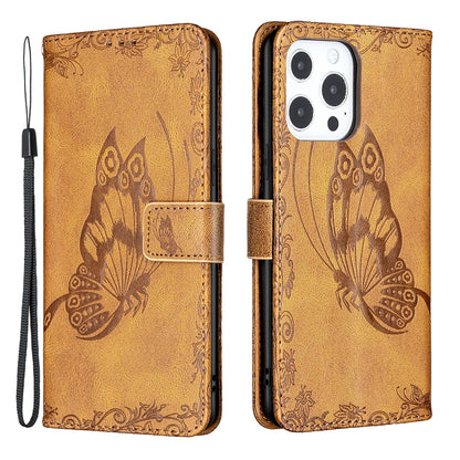 Imprint Butterfly Flower PU Leather Wallet Folio Flip Stand Protective Case with Magnetic Wrist Strap for iPhone 13 Pro 6.1 inch