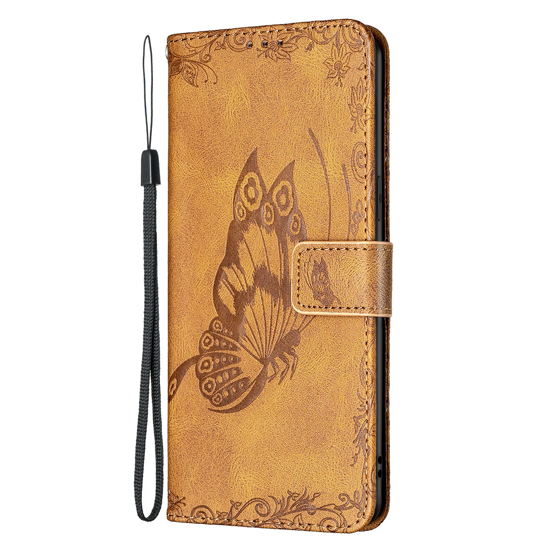Imprint Butterfly Flower PU Leather Wallet Folio Flip Stand Protective Case with Magnetic Wrist Strap for iPhone 13 Pro 6.1 inch