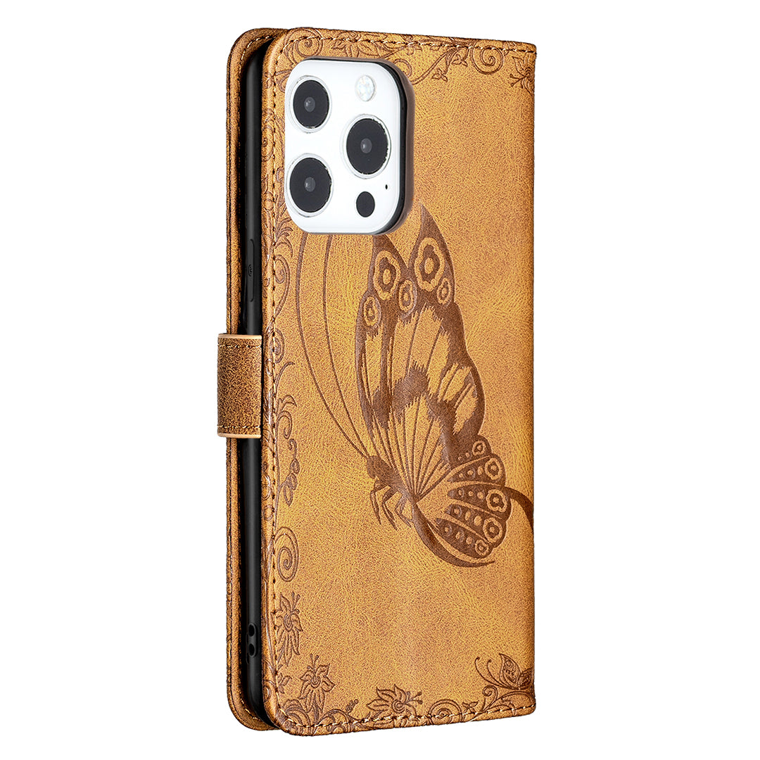 Imprint Butterfly Flower PU Leather Wallet Folio Flip Stand Protective Case with Magnetic Wrist Strap for iPhone 13 Pro 6.1 inch