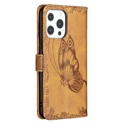 Imprint Butterfly Flower PU Leather Wallet Folio Flip Stand Protective Case with Magnetic Wrist Strap for iPhone 13 Pro 6.1 inch