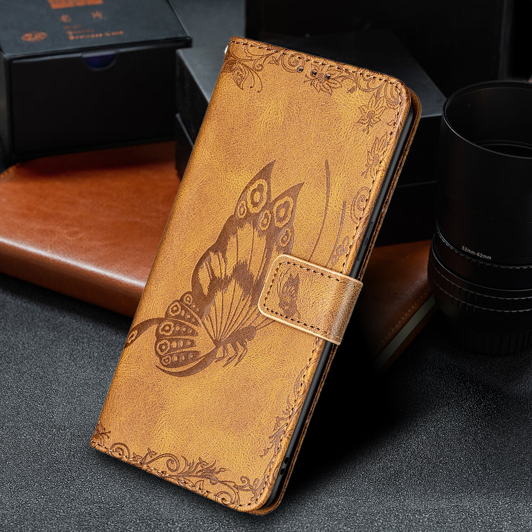 Imprint Butterfly Flower PU Leather Wallet Folio Flip Stand Protective Case with Magnetic Wrist Strap for iPhone 13 Pro 6.1 inch