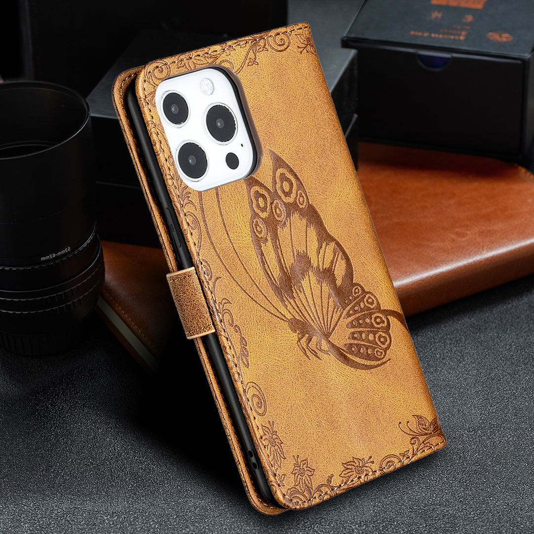 Imprint Butterfly Flower PU Leather Wallet Folio Flip Stand Protective Case with Magnetic Wrist Strap for iPhone 13 Pro 6.1 inch