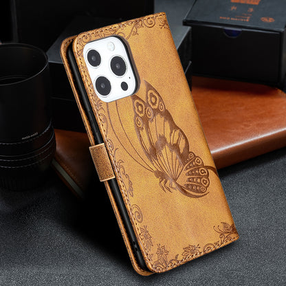 Imprint Butterfly Flower PU Leather Wallet Folio Flip Stand Protective Case with Magnetic Wrist Strap for iPhone 13 Pro 6.1 inch