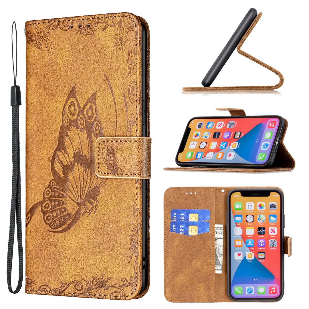 Imprint Butterfly Flower PU Leather Wallet Folio Flip Stand Protective Case with Magnetic Wrist Strap for iPhone 13 Pro 6.1 inch