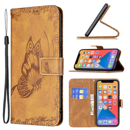 Imprint Butterfly Flower PU Leather Wallet Folio Flip Stand Protective Case with Magnetic Wrist Strap for iPhone 13 Pro 6.1 inch