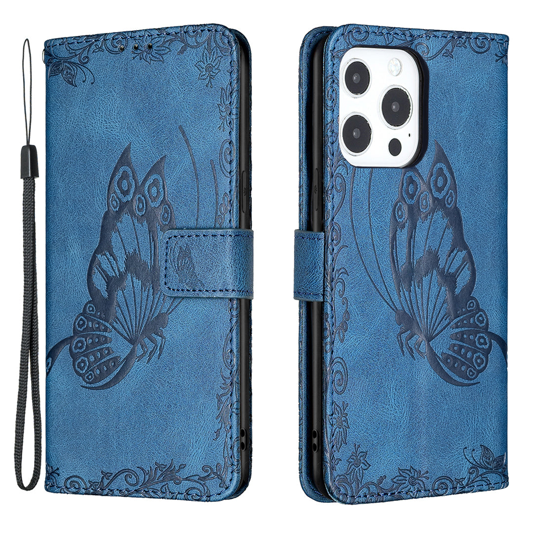 Imprint Butterfly Flower PU Leather Wallet Folio Flip Stand Protective Case with Magnetic Wrist Strap for iPhone 13 Pro 6.1 inch