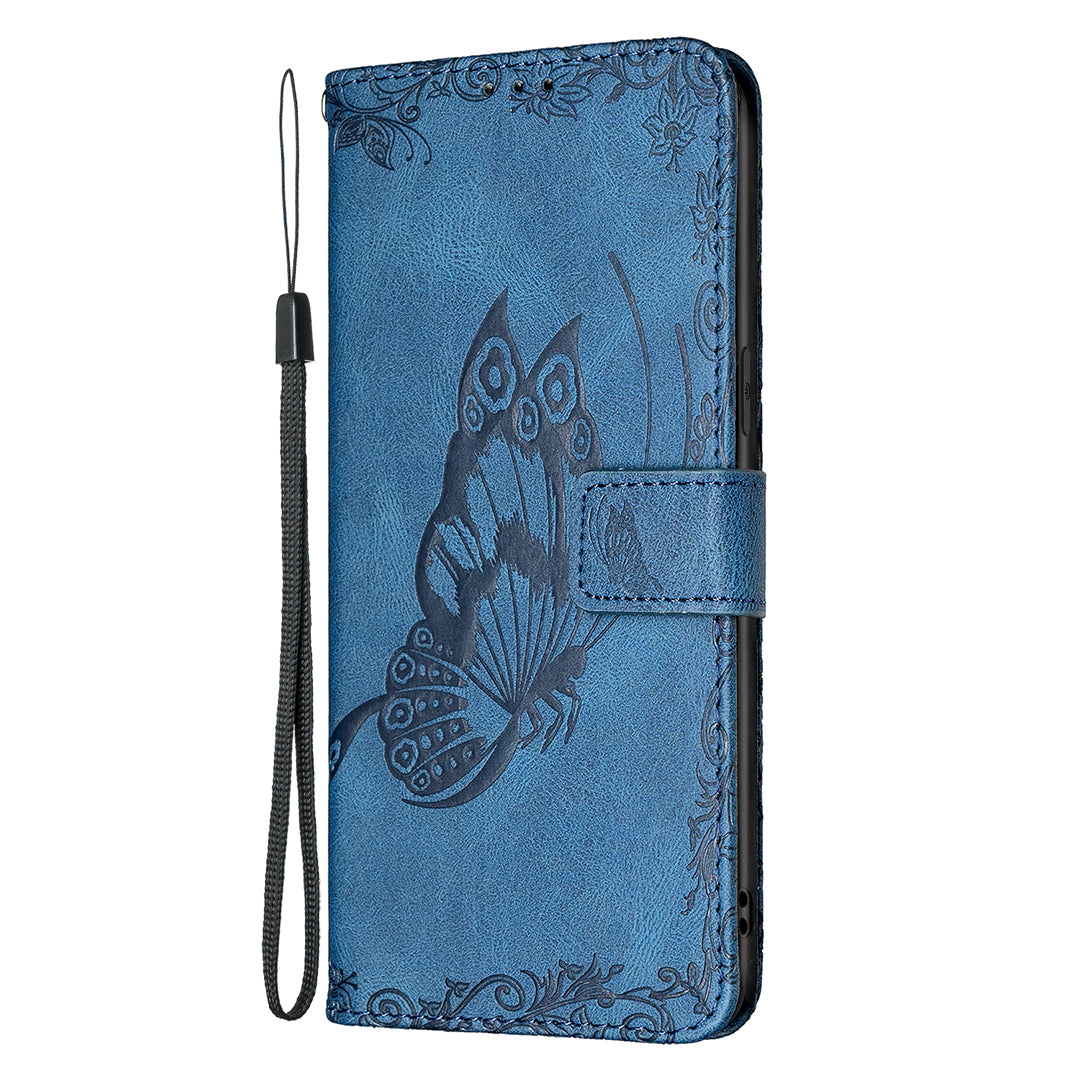 Imprint Butterfly Flower PU Leather Wallet Folio Flip Stand Protective Case with Magnetic Wrist Strap for iPhone 13 Pro 6.1 inch