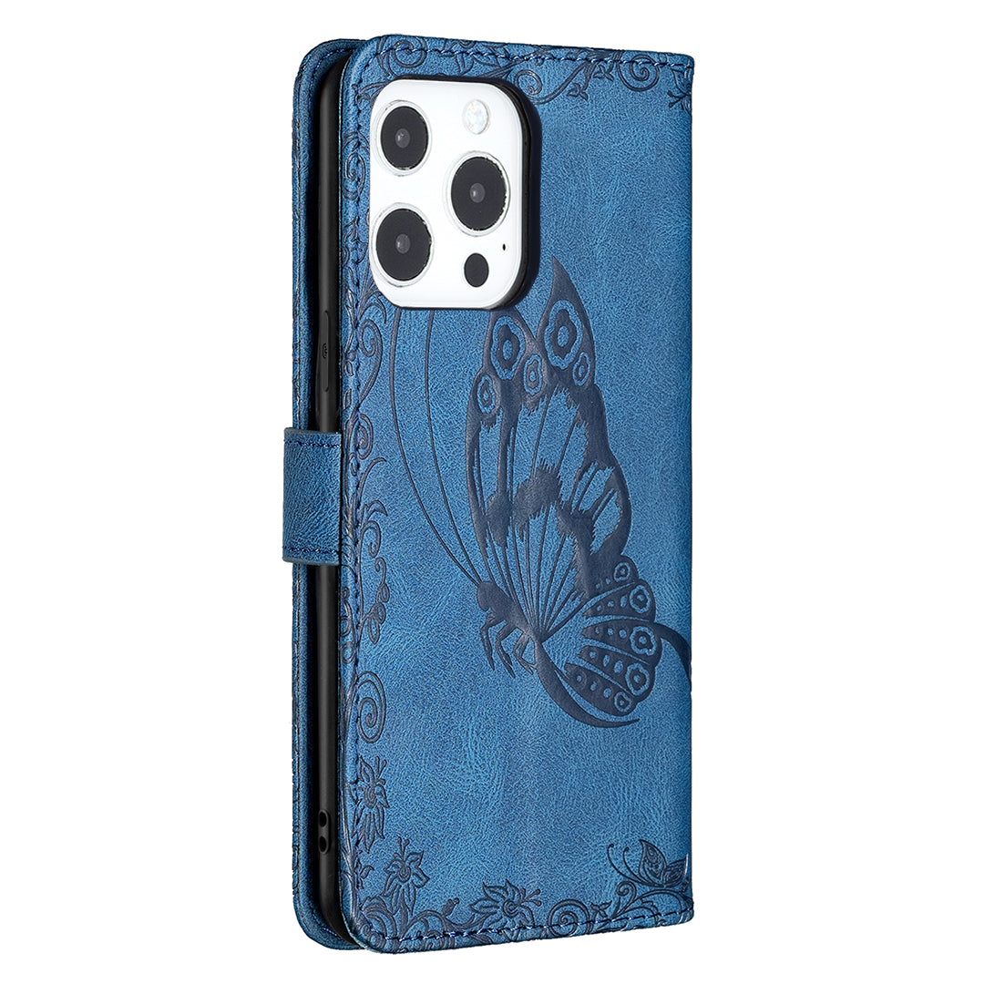 Imprint Butterfly Flower PU Leather Wallet Folio Flip Stand Protective Case with Magnetic Wrist Strap for iPhone 13 Pro 6.1 inch