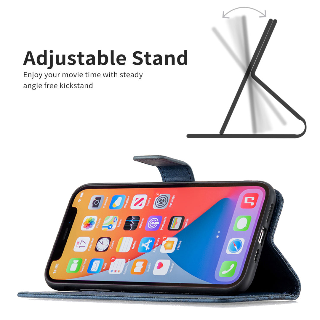 Imprint Butterfly Flower PU Leather Wallet Folio Flip Stand Protective Case with Magnetic Wrist Strap for iPhone 13 Pro 6.1 inch