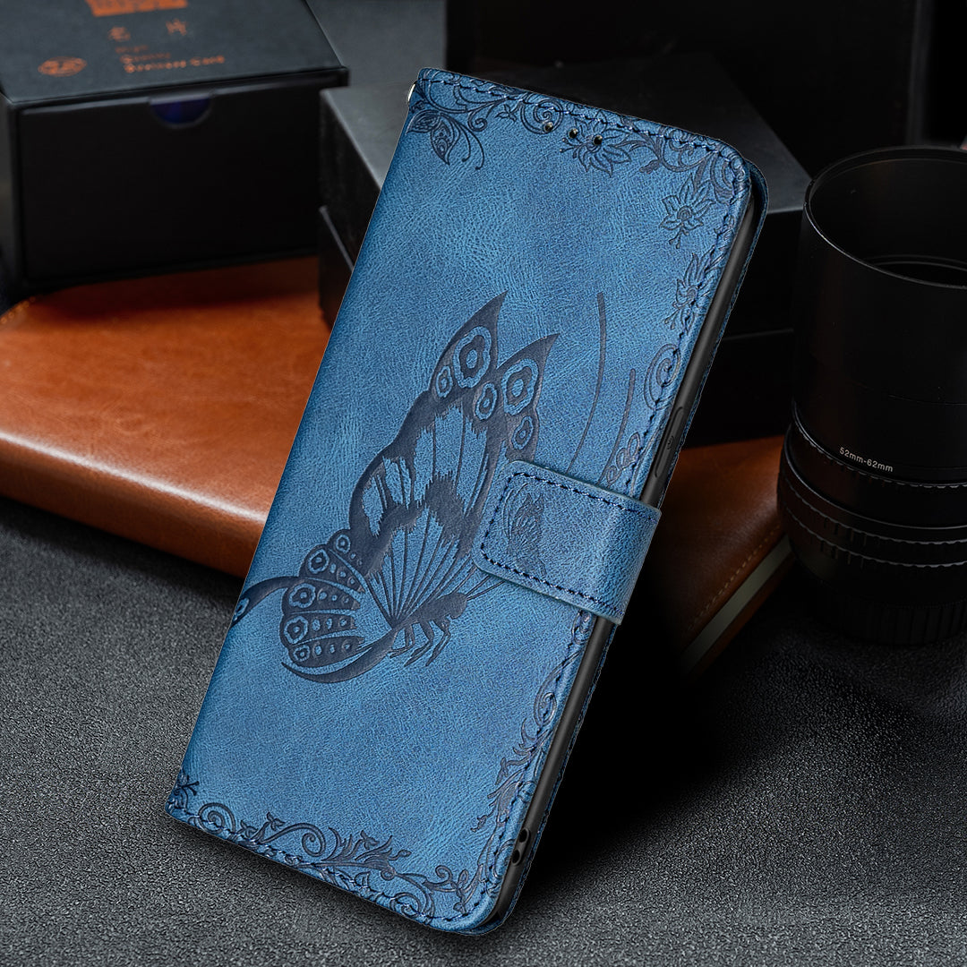 Imprint Butterfly Flower PU Leather Wallet Folio Flip Stand Protective Case with Magnetic Wrist Strap for iPhone 13 Pro 6.1 inch