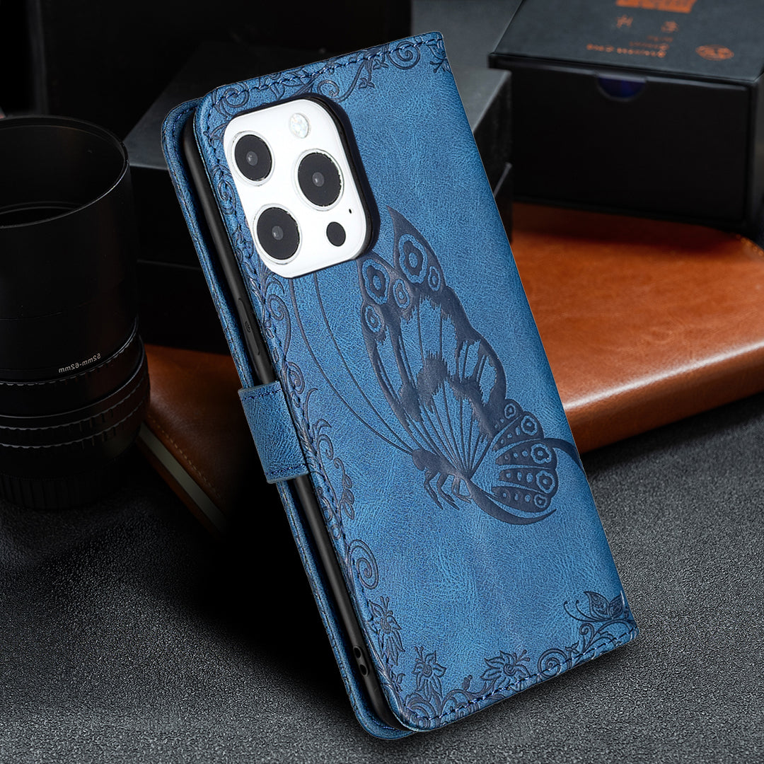 Imprint Butterfly Flower PU Leather Wallet Folio Flip Stand Protective Case with Magnetic Wrist Strap for iPhone 13 Pro 6.1 inch