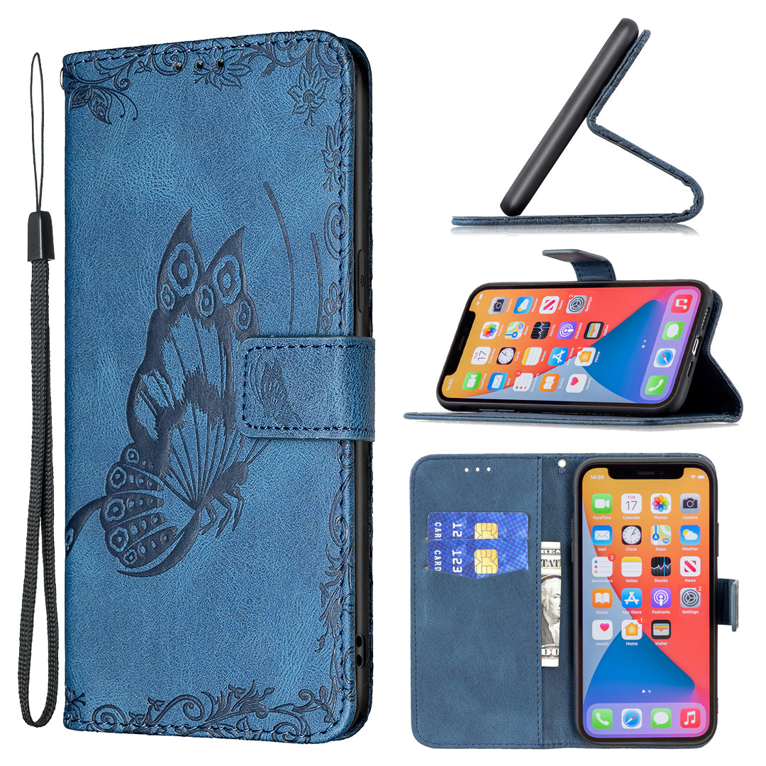 Imprint Butterfly Flower PU Leather Wallet Folio Flip Stand Protective Case with Magnetic Wrist Strap for iPhone 13 Pro 6.1 inch