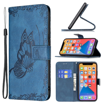 Imprint Butterfly Flower PU Leather Wallet Folio Flip Stand Protective Case with Magnetic Wrist Strap for iPhone 13 Pro 6.1 inch