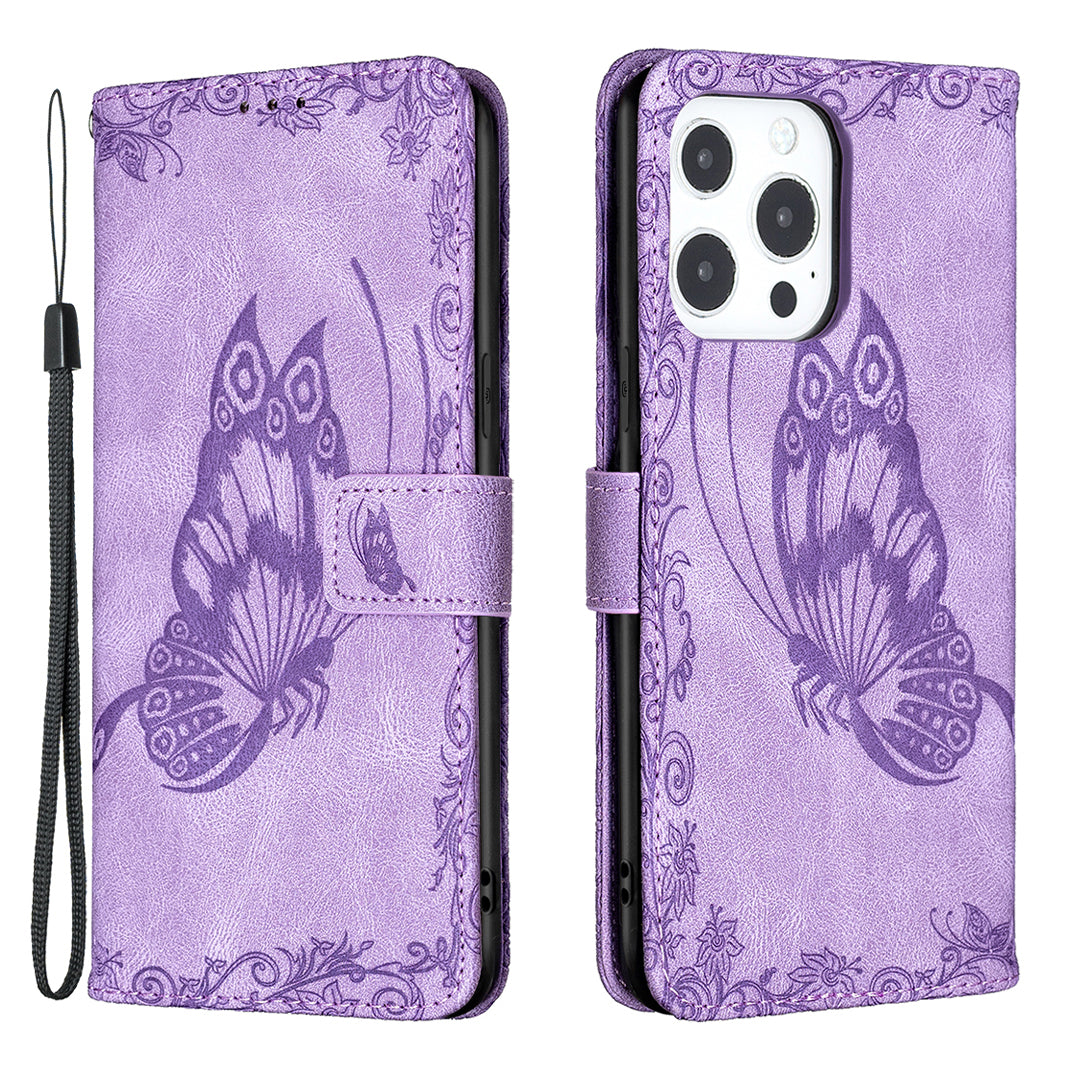 Imprint Butterfly Flower PU Leather Wallet Folio Flip Stand Protective Case with Magnetic Wrist Strap for iPhone 13 Pro 6.1 inch