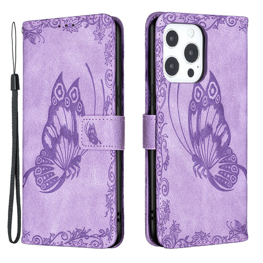 Imprint Butterfly Flower PU Leather Wallet Folio Flip Stand Protective Case with Magnetic Wrist Strap for iPhone 13 Pro 6.1 inch