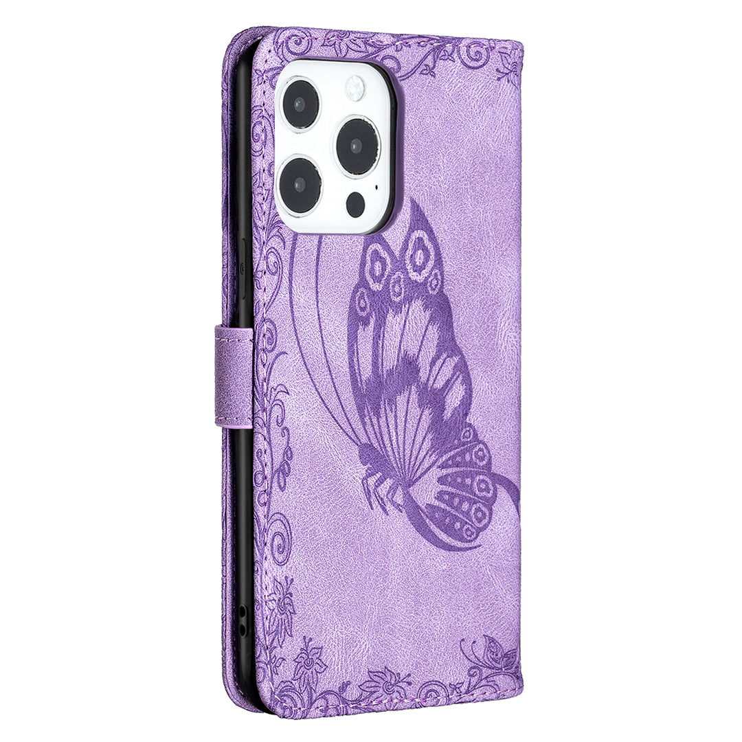 Imprint Butterfly Flower PU Leather Wallet Folio Flip Stand Protective Case with Magnetic Wrist Strap for iPhone 13 Pro 6.1 inch
