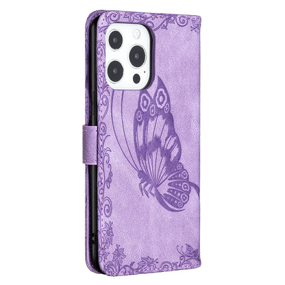 Imprint Butterfly Flower PU Leather Wallet Folio Flip Stand Protective Case with Magnetic Wrist Strap for iPhone 13 Pro 6.1 inch