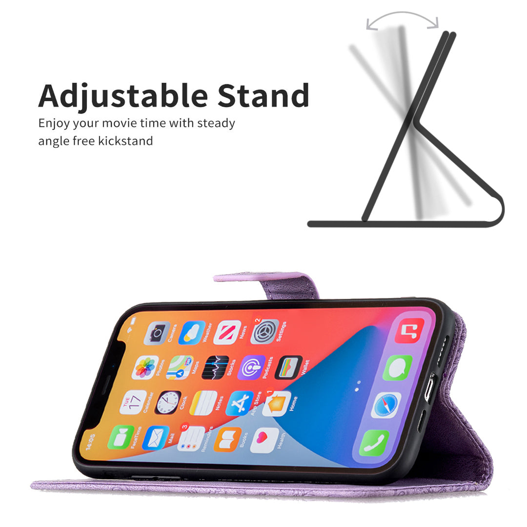 Imprint Butterfly Flower PU Leather Wallet Folio Flip Stand Protective Case with Magnetic Wrist Strap for iPhone 13 Pro 6.1 inch