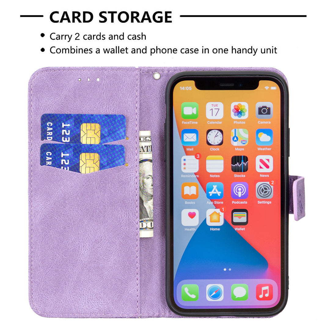 Imprint Butterfly Flower PU Leather Wallet Folio Flip Stand Protective Case with Magnetic Wrist Strap for iPhone 13 Pro 6.1 inch