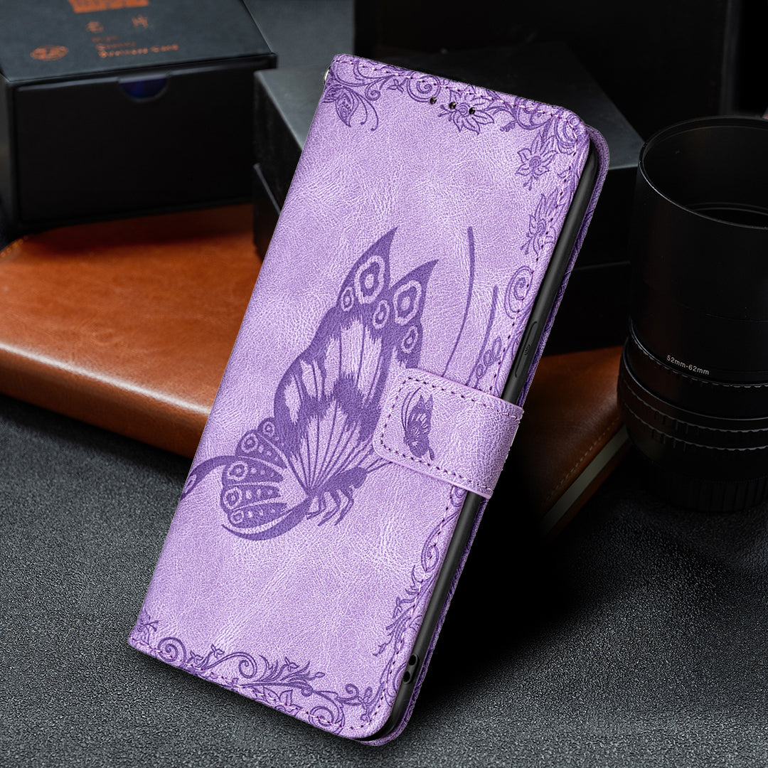 Imprint Butterfly Flower PU Leather Wallet Folio Flip Stand Protective Case with Magnetic Wrist Strap for iPhone 13 Pro 6.1 inch
