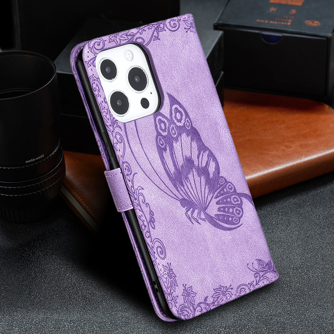 Imprint Butterfly Flower PU Leather Wallet Folio Flip Stand Protective Case with Magnetic Wrist Strap for iPhone 13 Pro 6.1 inch
