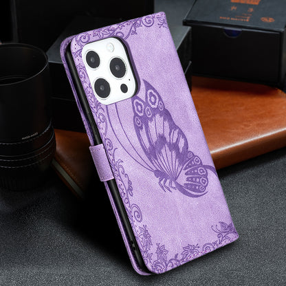 Imprint Butterfly Flower PU Leather Wallet Folio Flip Stand Protective Case with Magnetic Wrist Strap for iPhone 13 Pro 6.1 inch