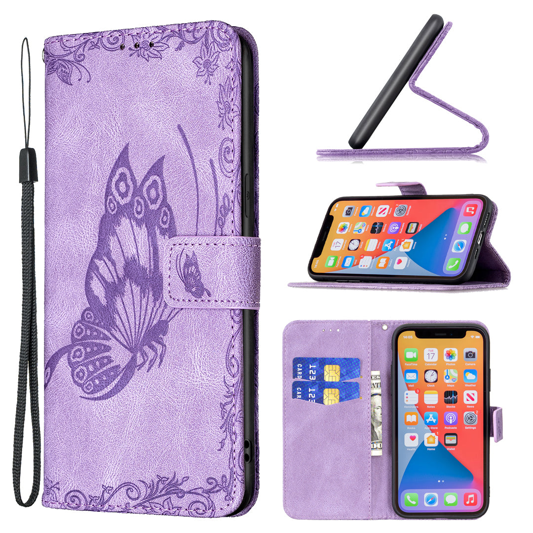 Imprint Butterfly Flower PU Leather Wallet Folio Flip Stand Protective Case with Magnetic Wrist Strap for iPhone 13 Pro 6.1 inch