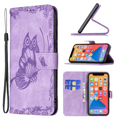 Imprint Butterfly Flower PU Leather Wallet Folio Flip Stand Protective Case with Magnetic Wrist Strap for iPhone 13 Pro 6.1 inch
