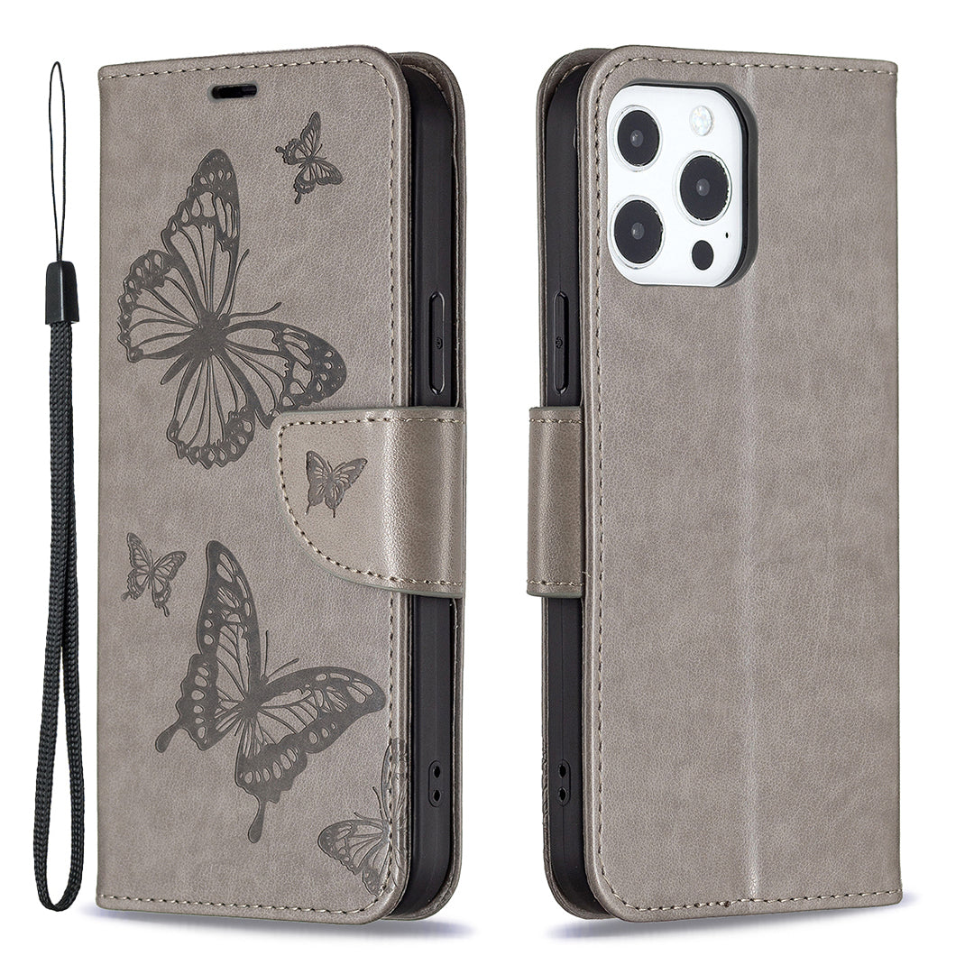 Magnetic PU Leather Wallet Stand Imprint Butterfly Flip Folio Protective Cover with Strap for iPhone 13 Pro 6.1 inch