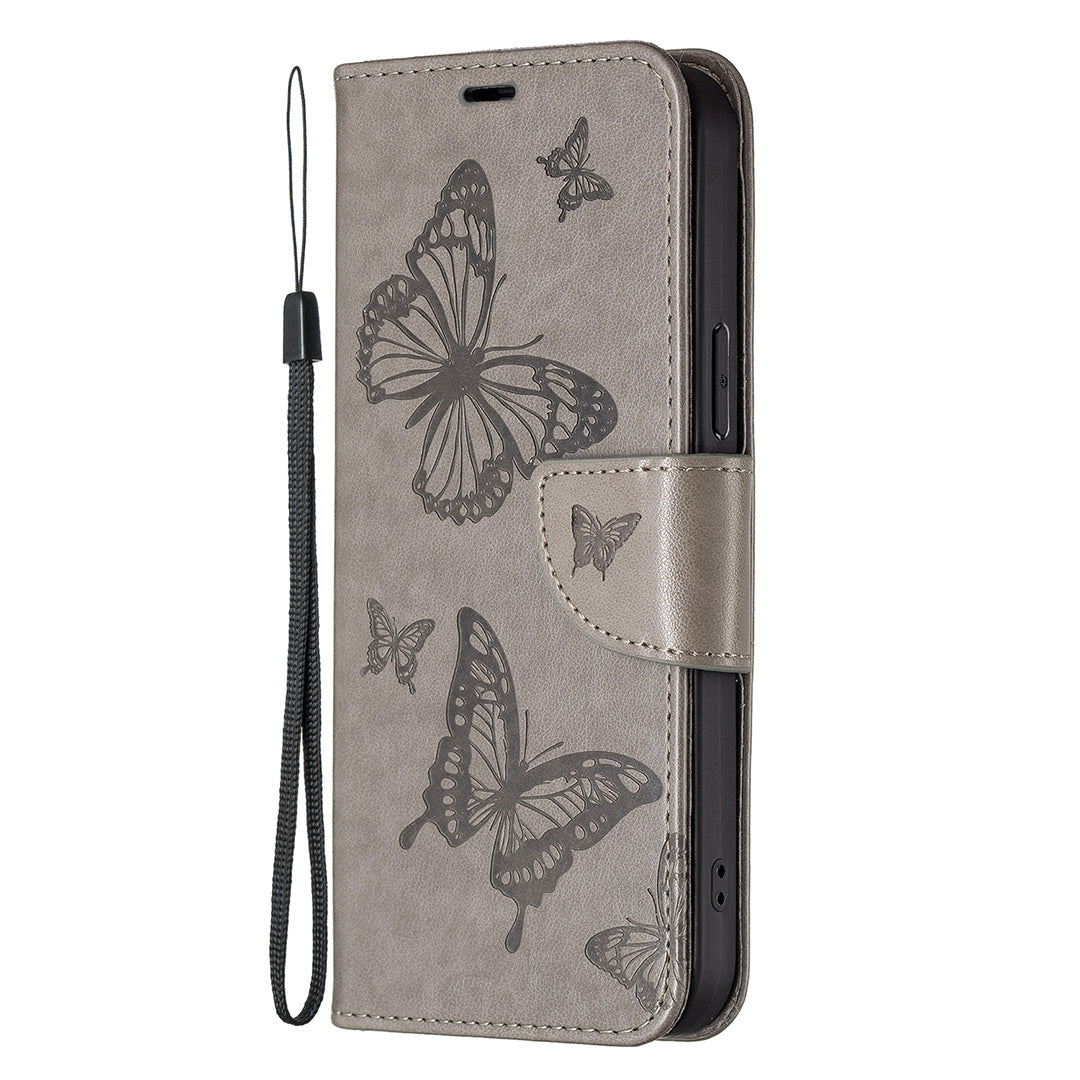 Magnetic PU Leather Wallet Stand Imprint Butterfly Flip Folio Protective Cover with Strap for iPhone 13 Pro 6.1 inch
